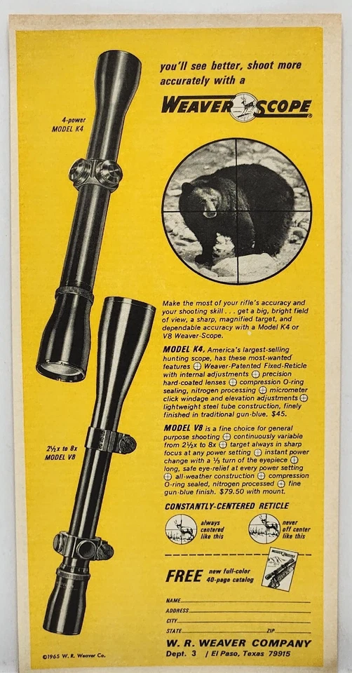 1965 W.R. Weaver Scopes Модель K4 V8 Охотничья Печатная Реклама Эль-Пасо Техас - Изображение 1 из 1