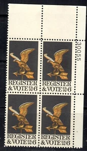 #1344 1968 6-cent Register and Vote block of 4 with plate# MNH - Picture 1 of 1