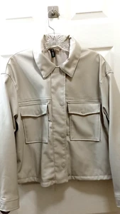 H&M Divided Faux Leather Jacket Full Zip Womens Sz L Cream VTG Minimalist Pocket - Picture 1 of 13