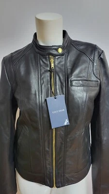 CHAQUETA MOTO NUEVA COLE HAAN MUJER 100% CUERO CORDERO NEGRA TALLA S Foto 1 de 4