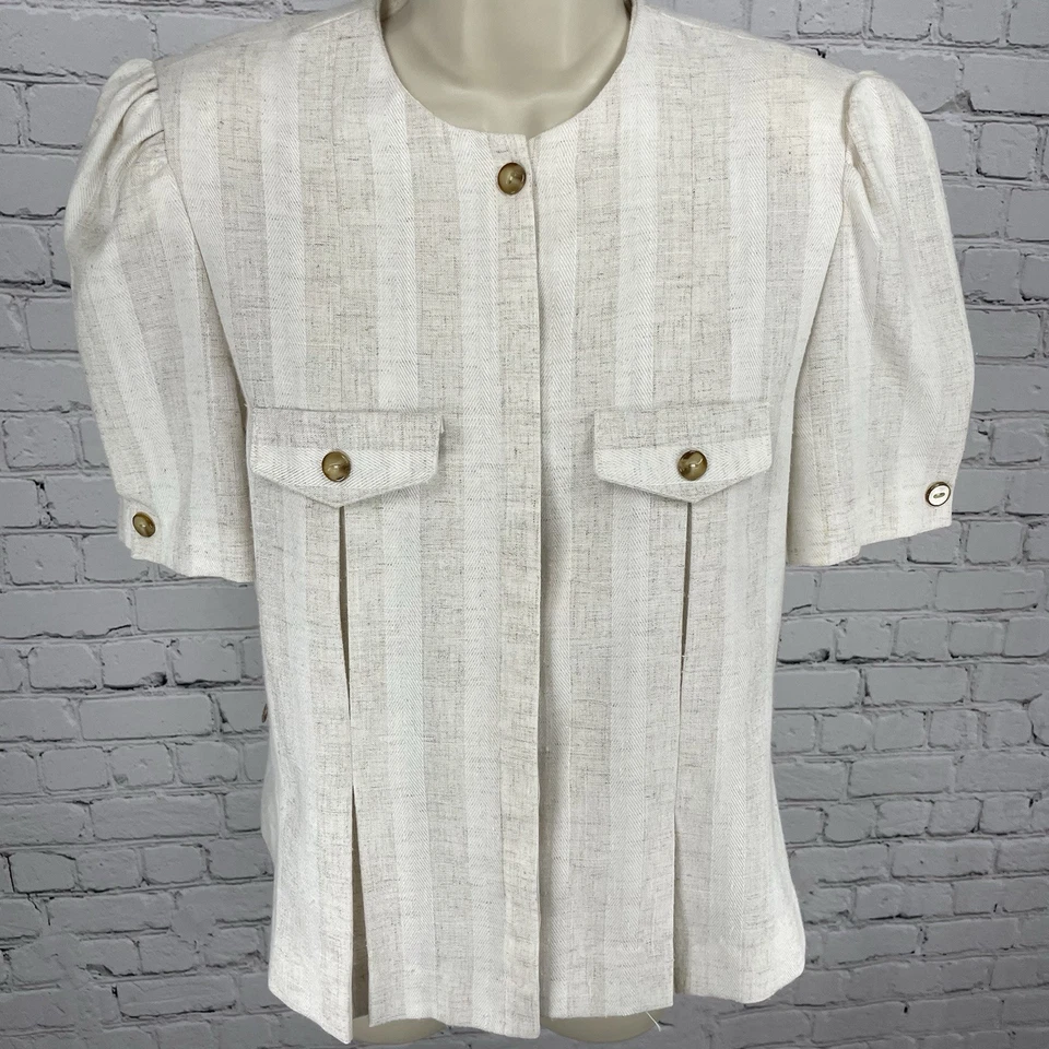 Blusa De Colección Leslie Fay Petite Beige Mezcla Lino Abotonada Manga Abullonada Hecha en EE. UU. 14P Foto 1 de 4