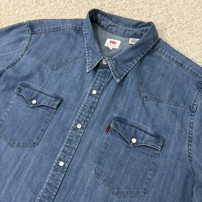 Levi's Western Denim Shirt Blue Mens Size 2XL XXL Pearl Snap Button Long Sleeve - Image 1 of 4