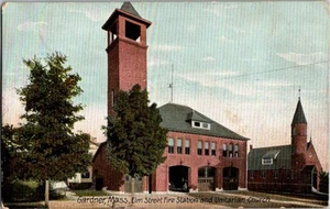 ELM ST FIRE STATION UNITARIAN CHURCH GARDNER MASSACHUSETTS POSTCARD 1910 JY12 - Picture 1 of 2
