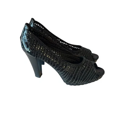 Zapatos de salón Aquatalia para mujer de 3” tacón alto punta abierta talla 8 negros hechos en Italia Foto 1 de 4