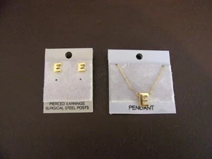 Gold Tone Pierced Earrings With Matching Necklace Letter "E" - Picture 1 of 6