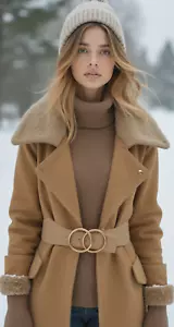 Women Beige Taupe Tan Color Stretch Classic Fashion Belt Gold Circle Buckle S M - Picture 1 of 24