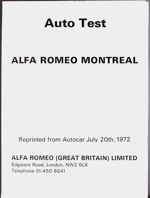 Automóvil Alfa Romeo Montreal Road Test 1972-75 mercado del Reino Unido folleto desplegable ventas Foto 1 de 2
