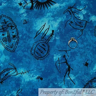BonEful FABRIC FQ Cotton Quilt VTG Aqua Blue Black Ethnic Indian Folk Art Sketch - Image 1 of 4