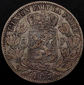 1873 5 Francs silver coin from Belgium! Leopold II! - Picture 1 of 4