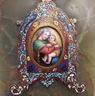 Ancien Bnitier Emaux cloisonn Vierge  L'Enfant Jesus Madone poque XIXme