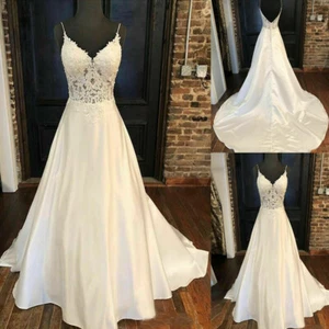 Spaghetti Strap Wedding Dresses Satin Lace Beach Boho Bridal Gown Long Train - Picture 1 of 9