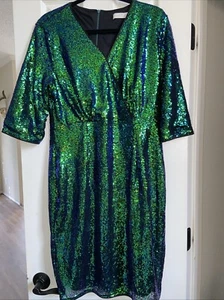 Bella Pogue XL Sequin Mermaid Fade Green Blue Purple Short Cocktail Lined Dress - Picture 1 of 9