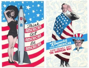 THINK & ACT AMERICAN! 2 Ironic PATRIOTIC HUMOR 1980s Postcards Uncle Sam, Bombs - Picture 1 of 2