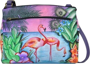 Anna by Anuschka Crossbody Organizer Bag-Leather One Size, Tropical Flamingos - Picture 1 of 3