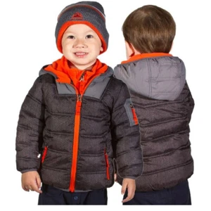 Snozu Boy's Hooded Long Sleeve Puffy Jacket with Beanie Black Print/Charcoal - Picture 1 of 1