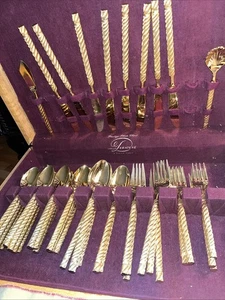 Vintage 44 Teile 24k vergoldetes Besteck schwere gedrehte Griffe Retroneu Prestige - Bild 1 von 12