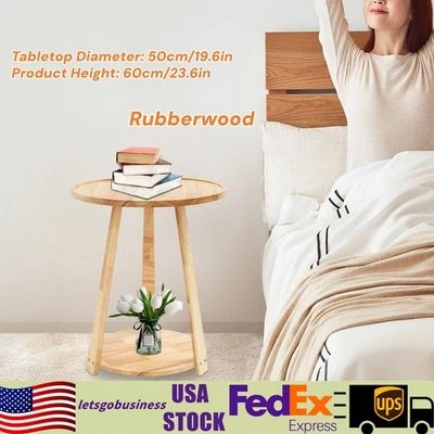 2-Tier Home Side Table 25kg Capacity Round Side Table Rubberwood Couch End Table - Image 1 of 4