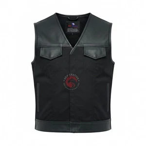 New Edition Biker Vest Black Cordura & Leather  SOA Riding Club Zipper Waistcoat - Picture 1 of 6