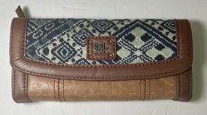 The Sak Blue White Leather Wallet Pink/Green Lining Snap Closure Zip Top Pockets - Picture 1 of 9
