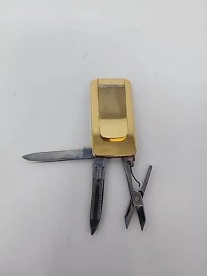 Navaja de Bolsillo Clip Dinero Vintage Tono Dorado con Lima, Hoja y Tijeras Foto 1 de 4