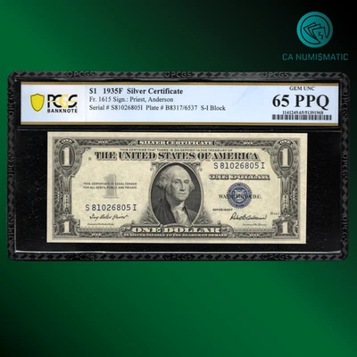 Fr.1615 1935F $1 Silver Certificate, PCGS 65 PPQ, 26805 - Image 1 of 2