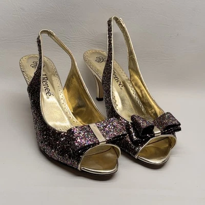 J. Renee Rosina Multicolored Glitter Bow Slingback Fancy Disco Party Pumps 9M - Image 1 of 4