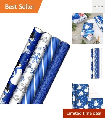 Paquete de 4 envolturas de regalo azules para vacaciones con muñecos de nieve y copos de nieve - 120 cuadrados ft. Foto 1 de 4