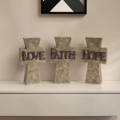 Set of Three 11" Gray Cement Cross Statue Tabletop Sculpture - Image 1 of 4