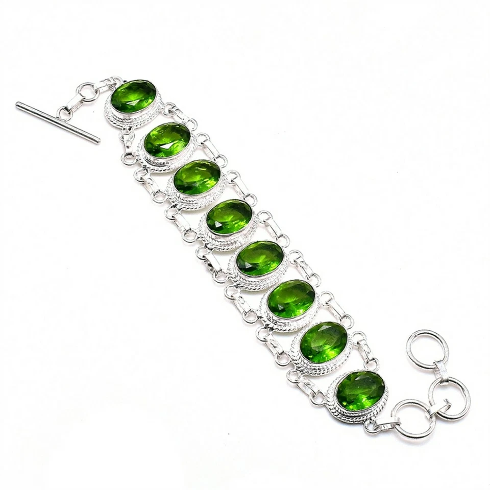 Green Peridot Gemstone Handmade 925 Sterling Silver Jewelry Bracelets Size 7-8" - Image 1 of 1