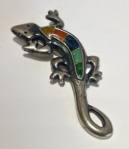 Carolyn Pollack Sterling Silver Multi-Gemstone Inlay Lizard Pin Brooch Southwest