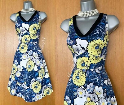 Robe D'Été À Fleurs Bleues En Coton Ajustée Évasée Karen Millen UK 8 EU 36 - Photo 1/4