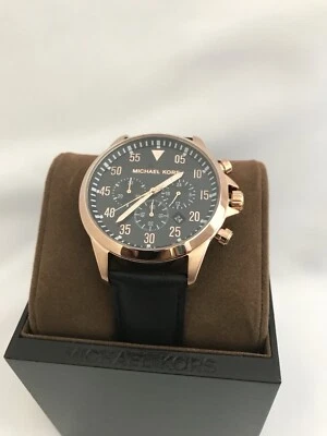 全新带标签 Michael Kors 男式计时码表 Gage 黑色皮革表带手表 MK8535 — 第 1/4 张图片