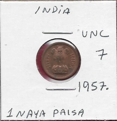 INDIA 1 NAYA PAISA 1957. UNC ASOKA LION ON PEDESTAL,DENOMINATION AND DATE - Image 1 of 2