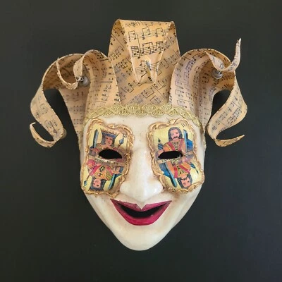 Genuine Venetian Carnival Jester Mask Antique Playing Cards Music Sheets Bells - Image 1 of 4