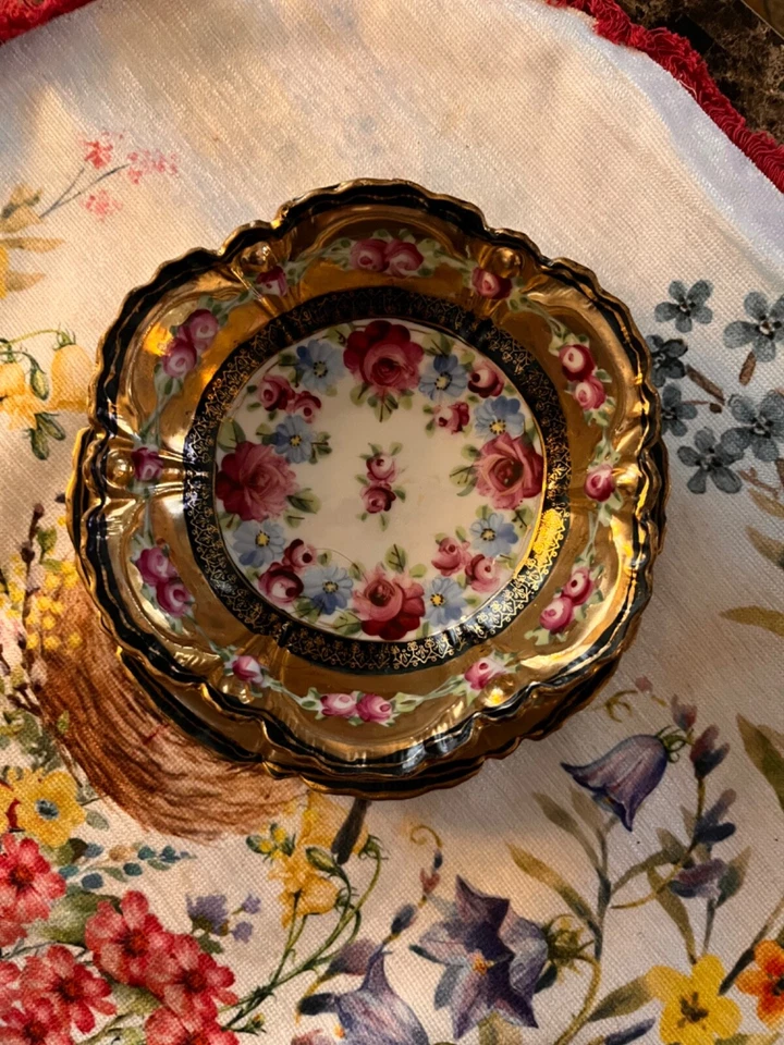 Antique Nippon Hand Painted Display Bowl Gold Trim Pink Flowers Roses over gold - Image 1 of 4