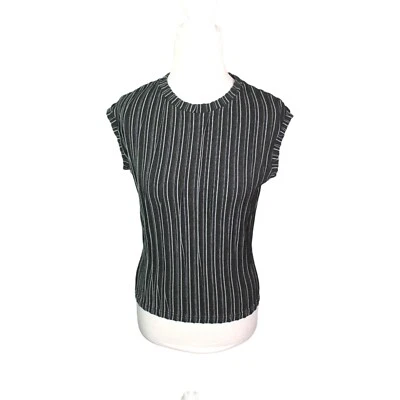 Georges Rech Synonyme Top Size FR 2 Grey Striped Pleated Pattern Cap Sleeve - Photo 1/4