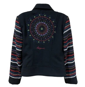Desigual Womens Black Wool Moto Jacket With Embroidered Accents & Zip Closure Si - Picture 1 of 6