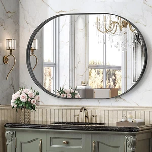 Black Oval Mirror for Wall 30X42 Inch, Metal Framed Bathroom Vanity Mirrors, Mod - Picture 1 of 8