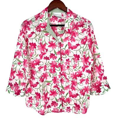 Alfred Dunner Sz 14P Petite Pink Floral 3/4 Sleeve Blouse Shirt Top Summer Beach - Image 1 of 4