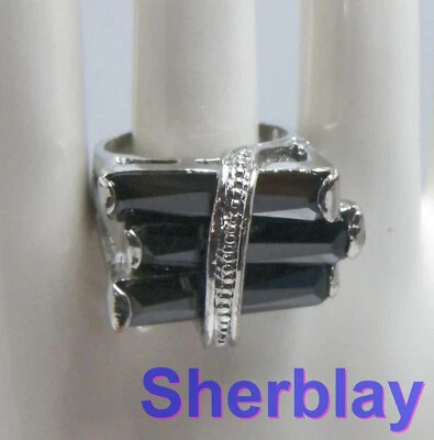 Посеребренные меди черного стекла граненый искусственный камень кольцо sz 7 - Изображение 1 из 4