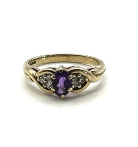 9ct Gold Amethyst Diamond Ring 9K Yellow Gold Amethyst Ring February Birthstone - Picture 1 of 22