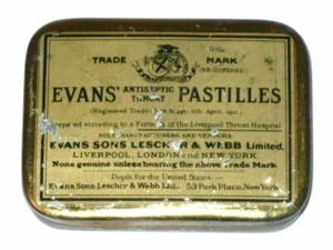Rare Antique 1910s EVANS' Antiseptic Throat PASTILLES Advertising Tin! - Imagen 1 de 5