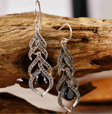 D11 Orecchini Agata Nero Intrecciato Marcasite 925 Argento Sterling - Immagine 1 di 2