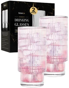 Ribbed Drinking Glasses - Ribbed Glass Cups 12 oz - Ribbed Glassware Set of 2... - Picture 1 of 6
