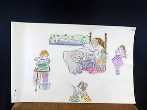 Lovely Watercolor Painting Girl in Bed Eating Doing Hair 1940's Original - Bild 1 von 4