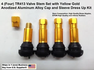 4-Set TR413 VALVE STEMS W/ DRESS UP KIT-Anodized Aluminum Alloy Cap/Sleeves-Gold - Picture 1 of 5