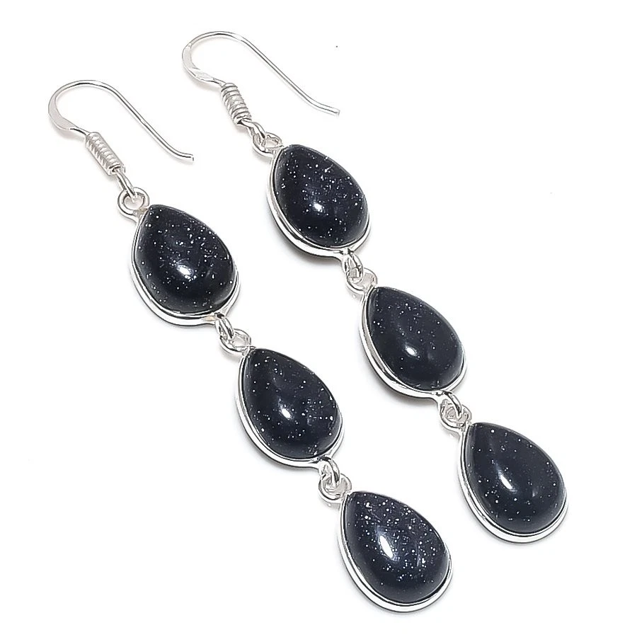 Pendiente de joyería de plata de ley 925 hecho a mano con piedras preciosas de piedra solar negra tamaño 3" Foto 1 de 1