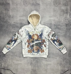 Really Point Ed Hardy style vintage rare Y2K fur Sherpa zip hoodie men's Size: M - Picture 1 of 15