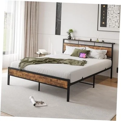 床架带床头板储物,木床架大号黑色和乡村棕色 — 第 1/4 张图片