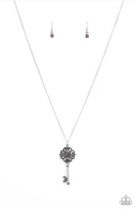 Paparazzi Jewelry Got It On Lock Necklace Purple Rhinestone Key Pendant - Picture 1 of 3